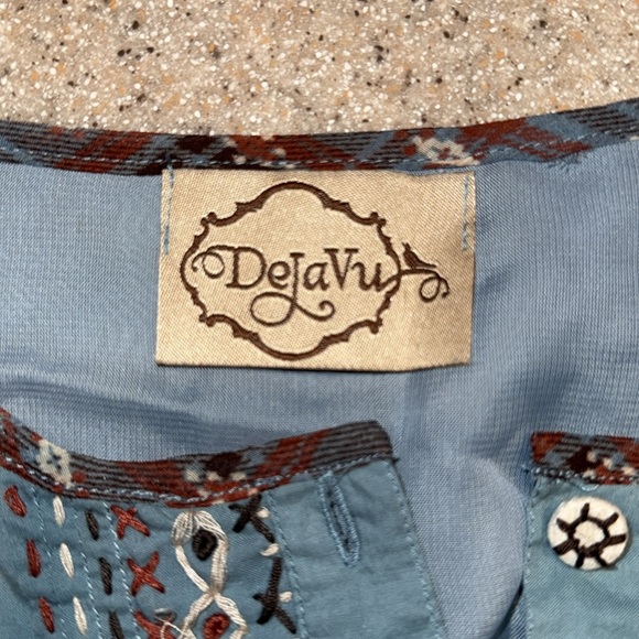 DejaVu Boho Plaid Embroidered Tunic Top Blue Brown western Peasant Large - Picture 13 of 13